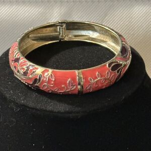 Tommy Bahama Pink Rhinestone Gold Tone Floral Swirl Enamel Clamper Bracelet